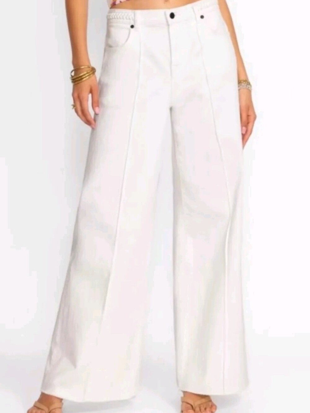 $278 Johnny Was Braided Waistband High-Waist Wide Leg White Pants Size 30